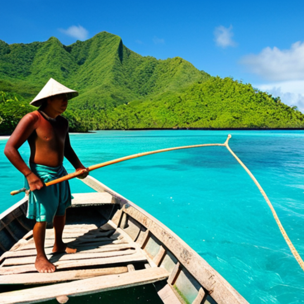 A Tuvaluan fisherman in traditional attire, fully clothed, casting a net from a small wooden boat in the turquoise waters of the Pacific, with a backdrop of lush green islands and a clear blue sky, safe for work, appropriate content, perfect anatomy, natural pose, high-quality photography, professional.
##