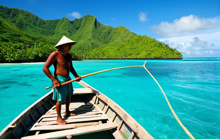 A Tuvaluan fisherman in traditional attire, fully clothed, casting a net from a small wooden boat in the turquoise waters of the Pacific, with a backdrop of lush green islands and a clear blue sky, safe for work, appropriate content, perfect anatomy, natural pose, high-quality photography, professional.
##