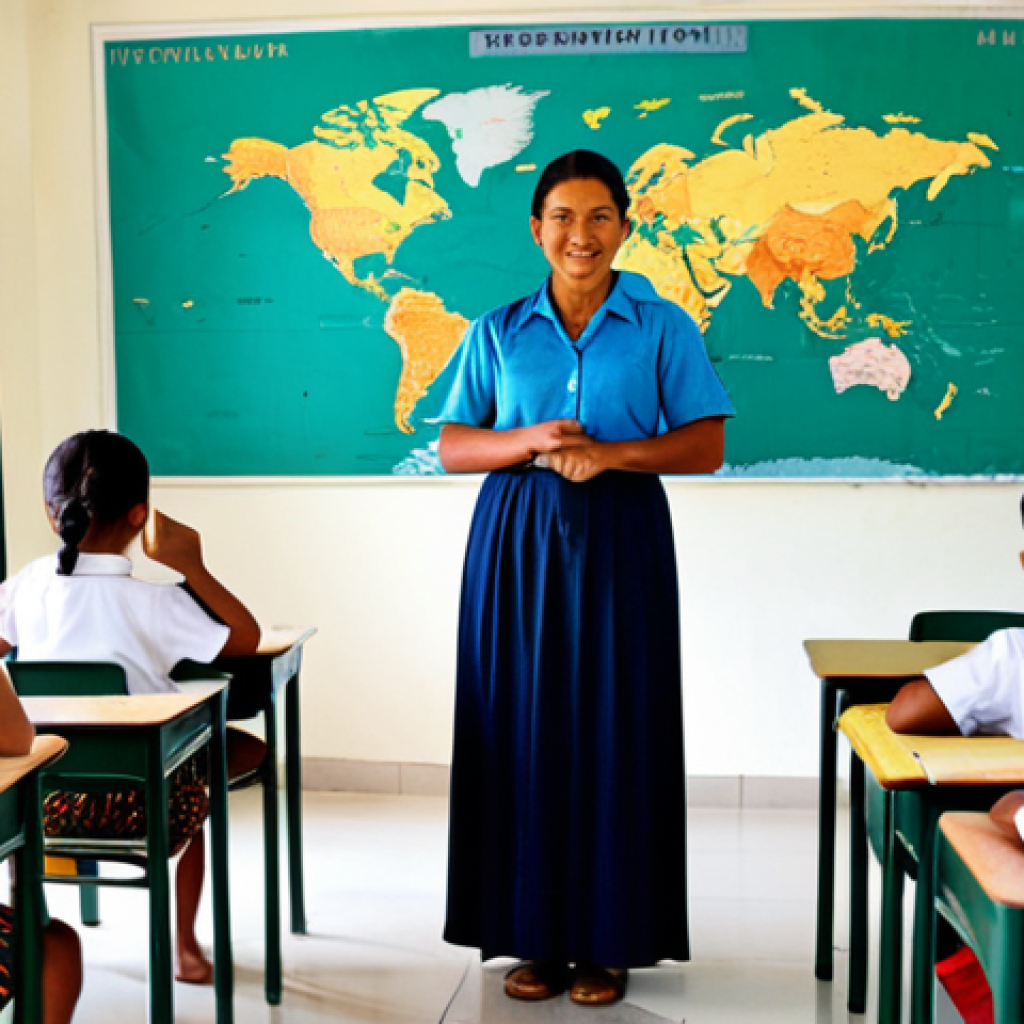 **
"A female teacher in a professional, modest dress stands in a brightly lit classroom in Tuvalu. The classroom is simple but clean, with children sitting at desks. She is pointing to a world map. Fully clothed, appropriate attire, perfect anatomy, well-formed hands, proper finger count, natural pose, safe for work, appropriate content, family-friendly, educational setting, high quality."
**