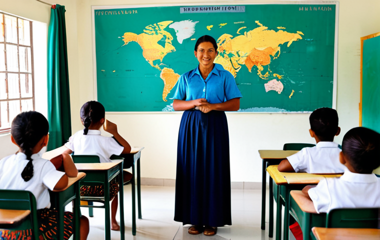 **
"A female teacher in a professional, modest dress stands in a brightly lit classroom in Tuvalu. The classroom is simple but clean, with children sitting at desks. She is pointing to a world map. Fully clothed, appropriate attire, perfect anatomy, well-formed hands, proper finger count, natural pose, safe for work, appropriate content, family-friendly, educational setting, high quality."
**