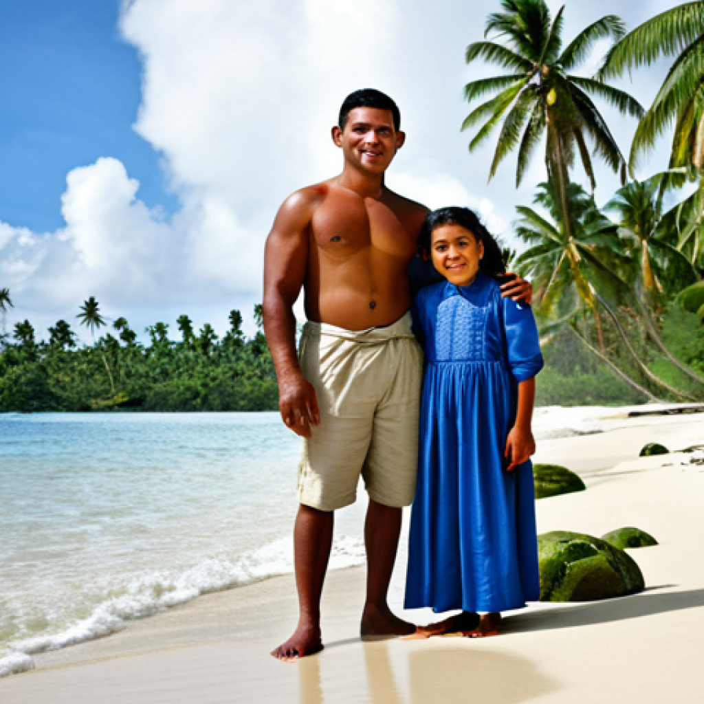 **
"A Tuvaluan family, fully clothed in traditional modest attire, standing on the shore with coconut trees. safe for work, appropriate content, professional photography, perfect anatomy, natural proportions, family-friendly"
**