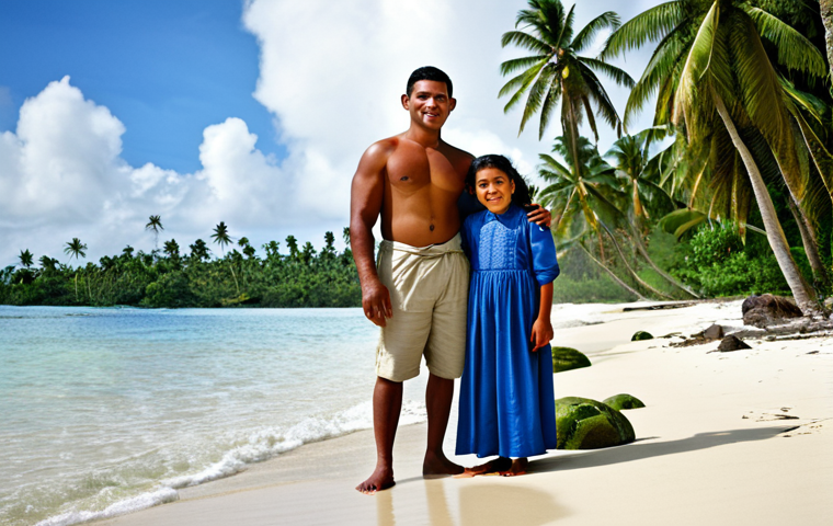 **
"A Tuvaluan family, fully clothed in traditional modest attire, standing on the shore with coconut trees. safe for work, appropriate content, professional photography, perfect anatomy, natural proportions, family-friendly"
**