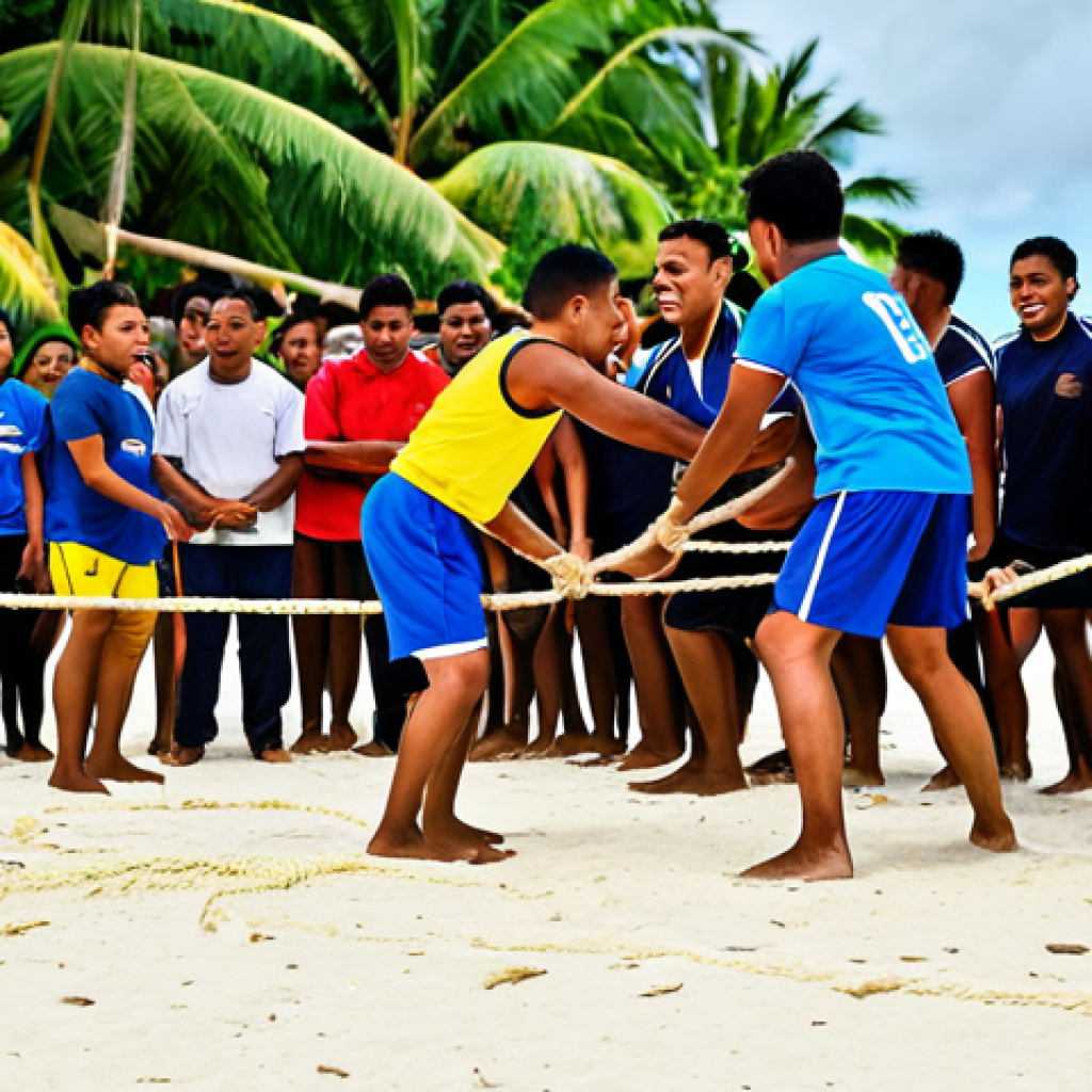 투발루의 전통 스포츠 - **Image Prompt:** "A vibrant scene of a 'Toga ka Fo' (Tug of War) competition on a sandy beach in Tu...