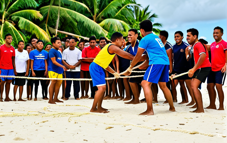 투발루의 전통 스포츠 - **Image Prompt:** "A vibrant scene of a 'Toga ka Fo' (Tug of War) competition on a sandy beach in Tu...