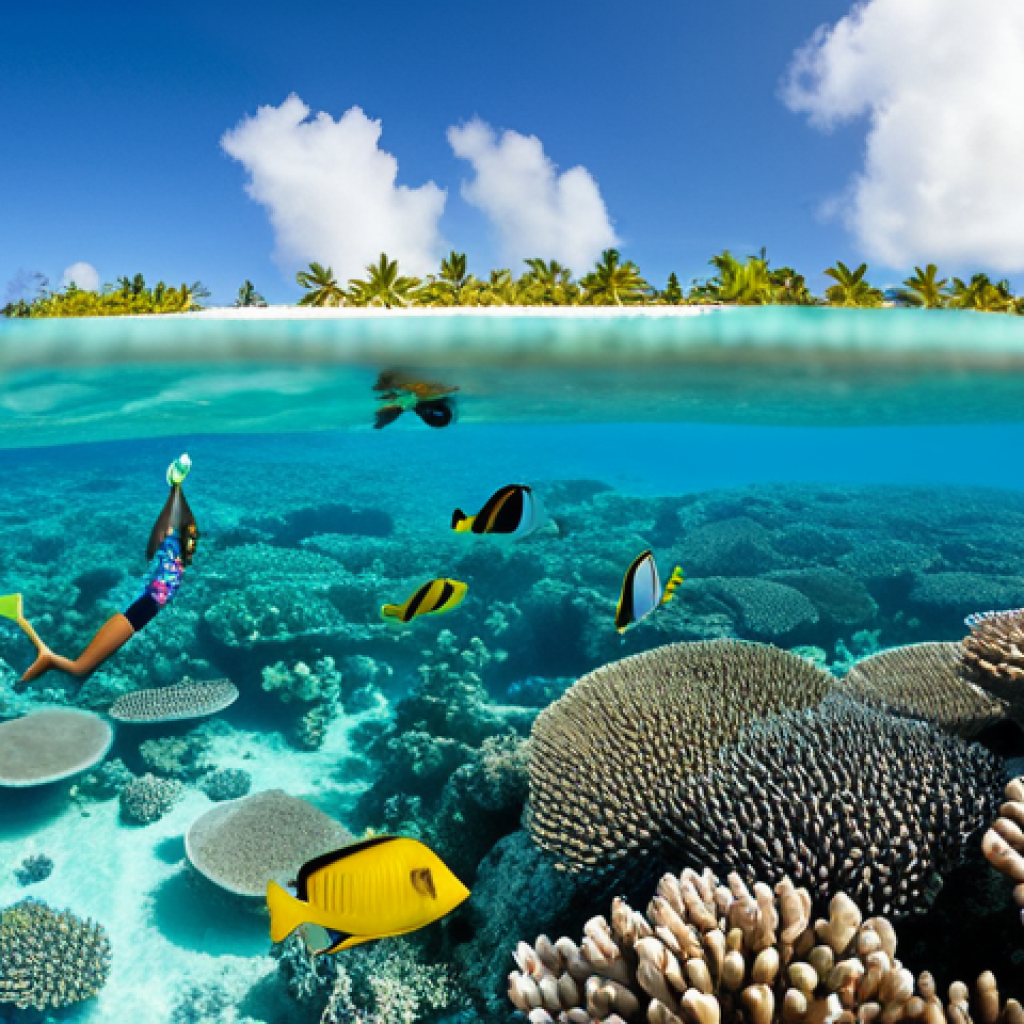 투발루에서 즐기는 스노클링 - **
"A vibrant scene of Funafuti Atoll, Tuvalu. Crystal clear turquoise water reveals colorful coral...