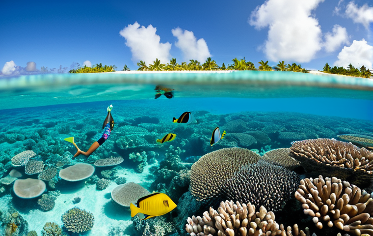 투발루에서 즐기는 스노클링 - **
"A vibrant scene of Funafuti Atoll, Tuvalu. Crystal clear turquoise water reveals colorful coral...