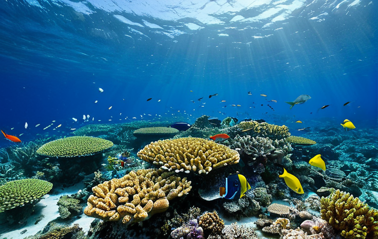 투발루에서 즐기는 스노클링 - **

"A vibrant scene of Funafuti Atoll, Tuvalu. Crystal clear turquoise water reveals colorful coral...