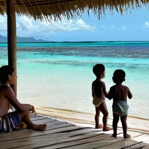 Home 27 투발루 해수면 상승 문제 - **Prompt 1: "A poignant scene depicting a Tuvaluan family, including parents and two children, stand...