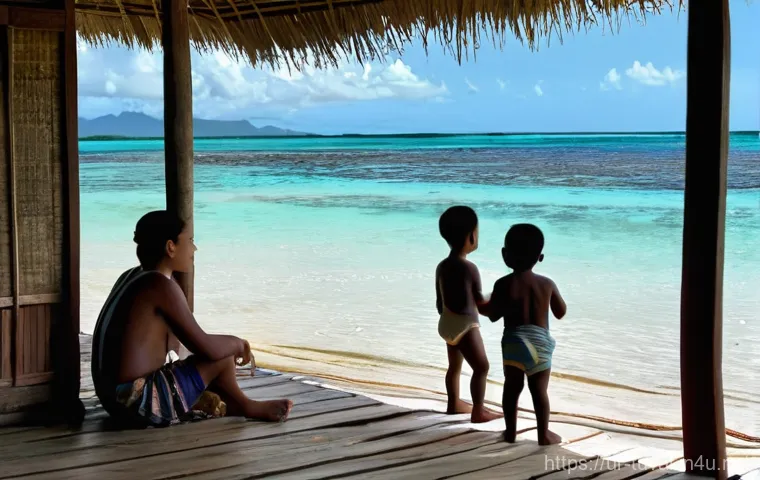 투발루 해수면 상승 문제 - **Prompt 1: "A poignant scene depicting a Tuvaluan family, including parents and two children, stand...