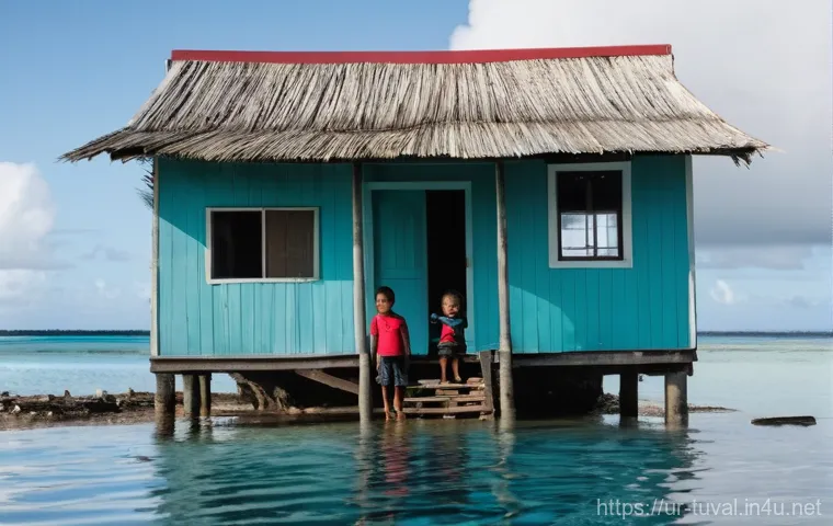투발루와 세계 기후 회담 - **Prompt 1: A Tuvaluan Family's Resilience Against Rising Waters**
"A poignant, wide-angle photo...